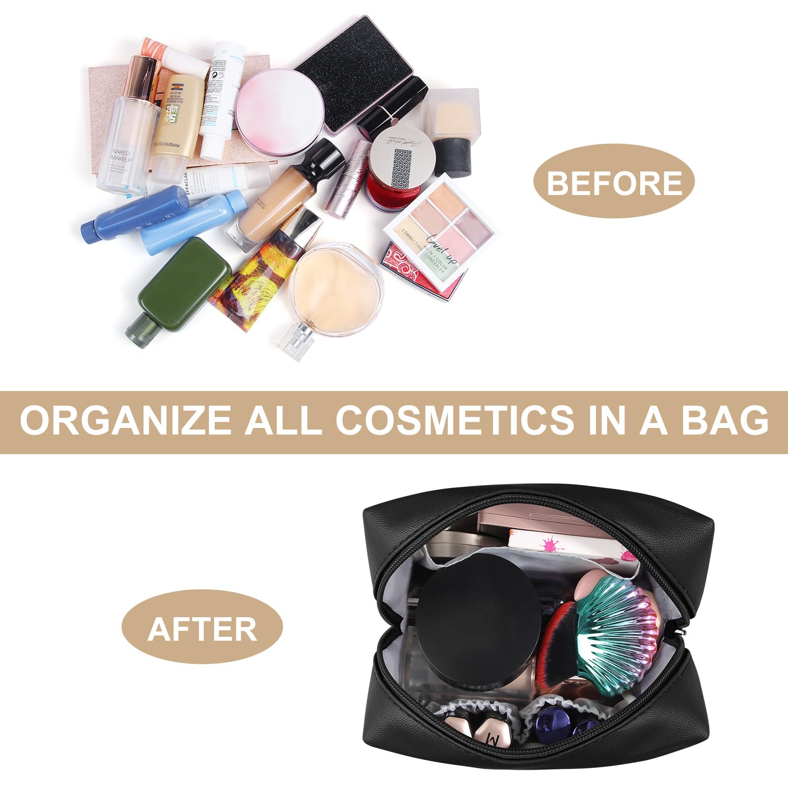 MAANGE Small Makeup Bag For Purse, Travel Cosmetic Bag Makeup Pouch PU Leather Portable Versatile Zipper Pouch For Women