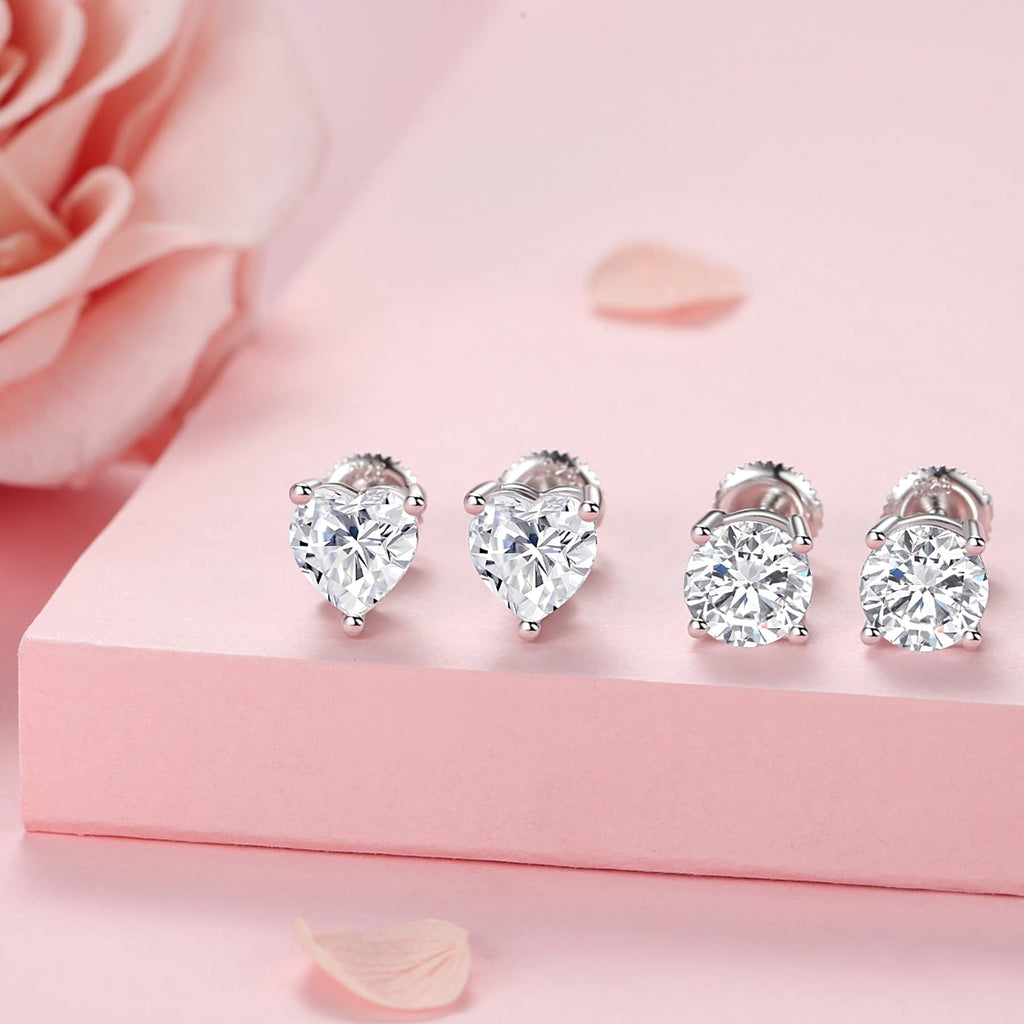 925 Sterling Silver Earrings for Women: Round Cubic Zirconia Screw Back Stud Earrings for Sensitive Ears Hypoallergenic Small Ea