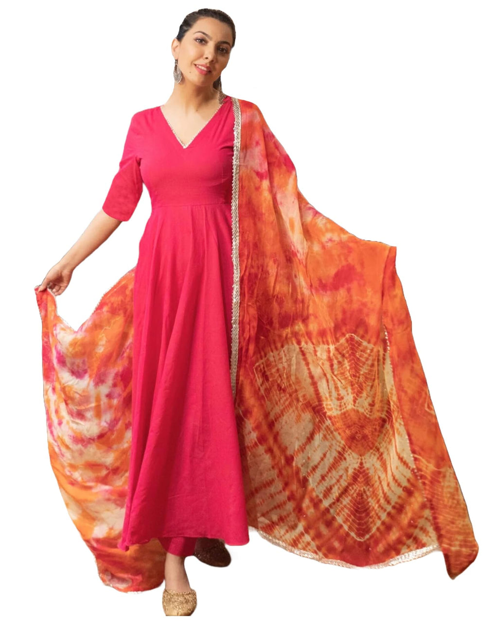 ANNI DESIGNER Womens Rayon Blend Anarkali Solid Kurta with Pant & Dupatta (Bette Pink_L_Pink_Large)
