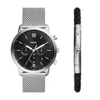 Fossil Men's Neutra Gift Set Chronograph Stainless Steel Watch, Color: Silver Mesh Bracelet Set (Model: FS6020SET)