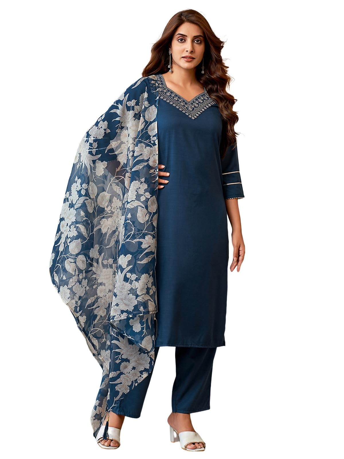 Sanisa Women'S Cotton Blend Sequence Embroidery Straight Kurta With Pant And Dupatta Set (163Kbd1762N-L_Deep Sea Blue)