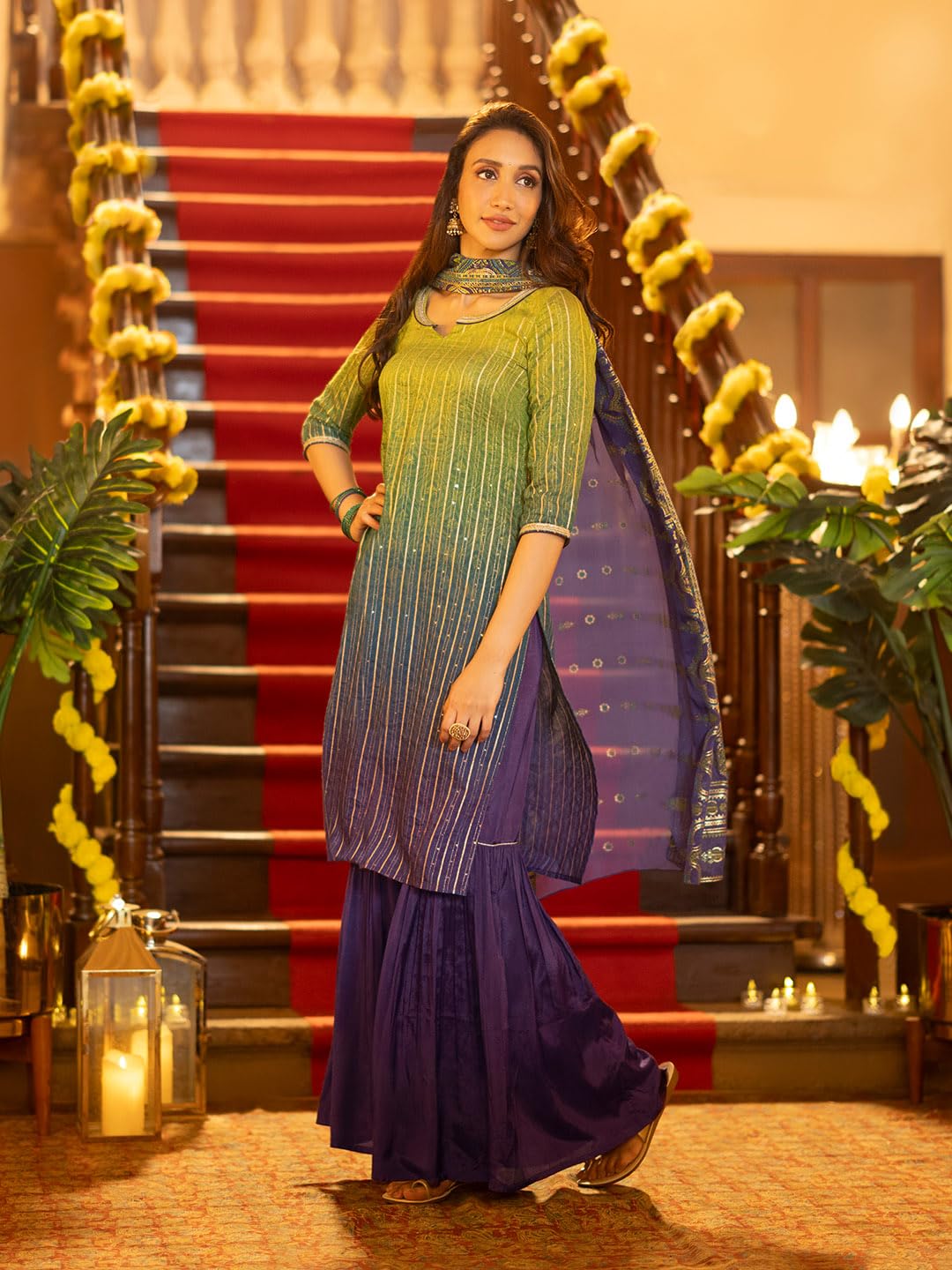 Purple Linen Ombre Festive Short Kurta, Sharara And Dupatta Set