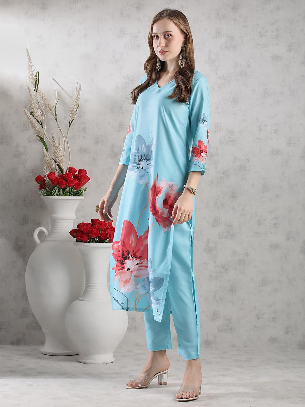 ANNI DESIGNER Women s Printed Rayon Kurta with Pants, Sky blue, M