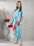 ANNI DESIGNER Women s Printed Rayon Kurta with Pants, Sky blue, M