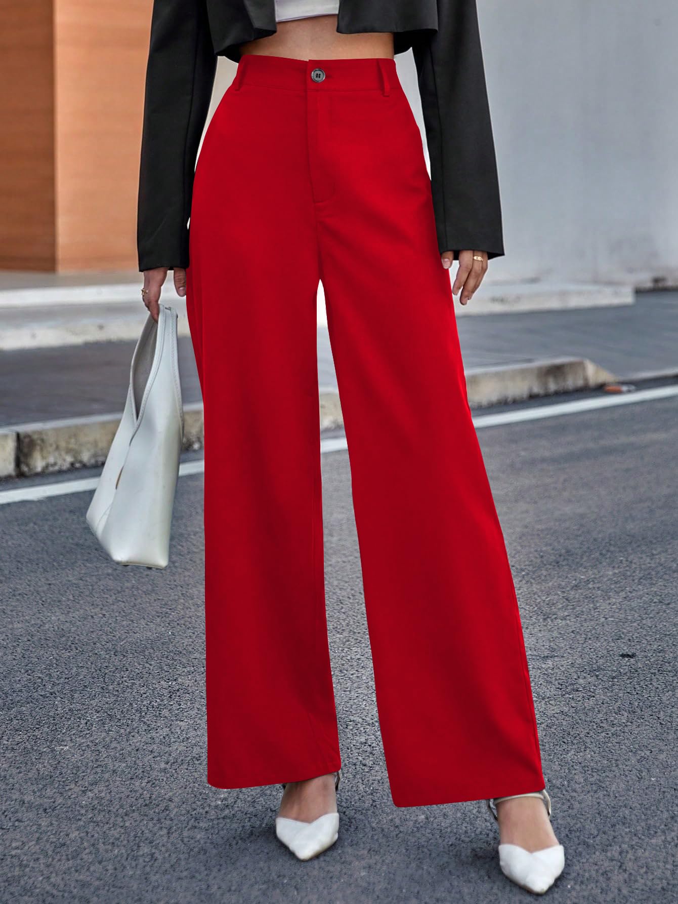 Toochki Straight Pants Trousers for Women with High Waist, Formal Spandex Pant for Women Office Wear Red