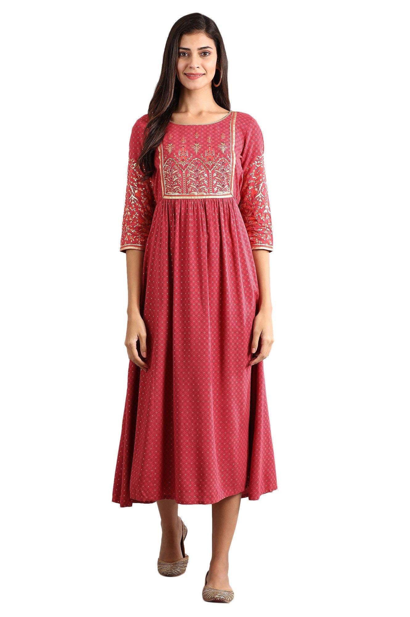 Aurelia WomenS Rayon Pink Round Neck Printed Liva Dress Ankle Length (21Fea11371-501698 L)