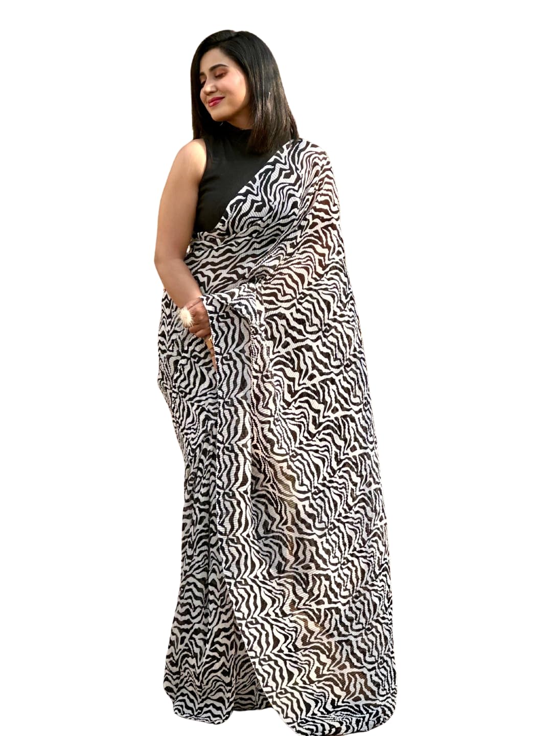 Shiv Textiles Womens Pure Georgette Saree With Blouse Piece (ST-ZEBRA-CRUSH-WHITE)