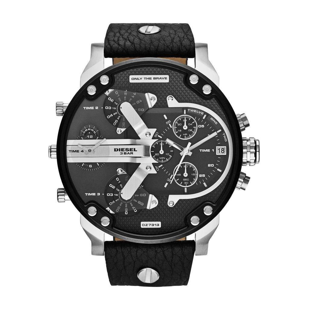 Diesel Mr. Daddy 2.0 Stainless Steel and Leather Chronograph Men's Watch, Color: Black/Silver (Model: DZ7313)