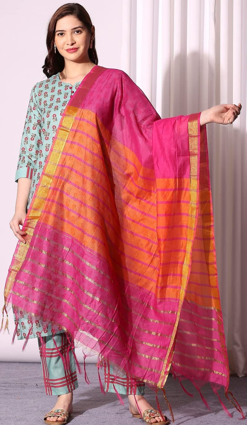 ANNI DESIGNER Womens Cotton Straight Kurta with Pant & Dupatta (KPTD-COT-10004-LIGHT GREEN_M_Light Green_Medium)