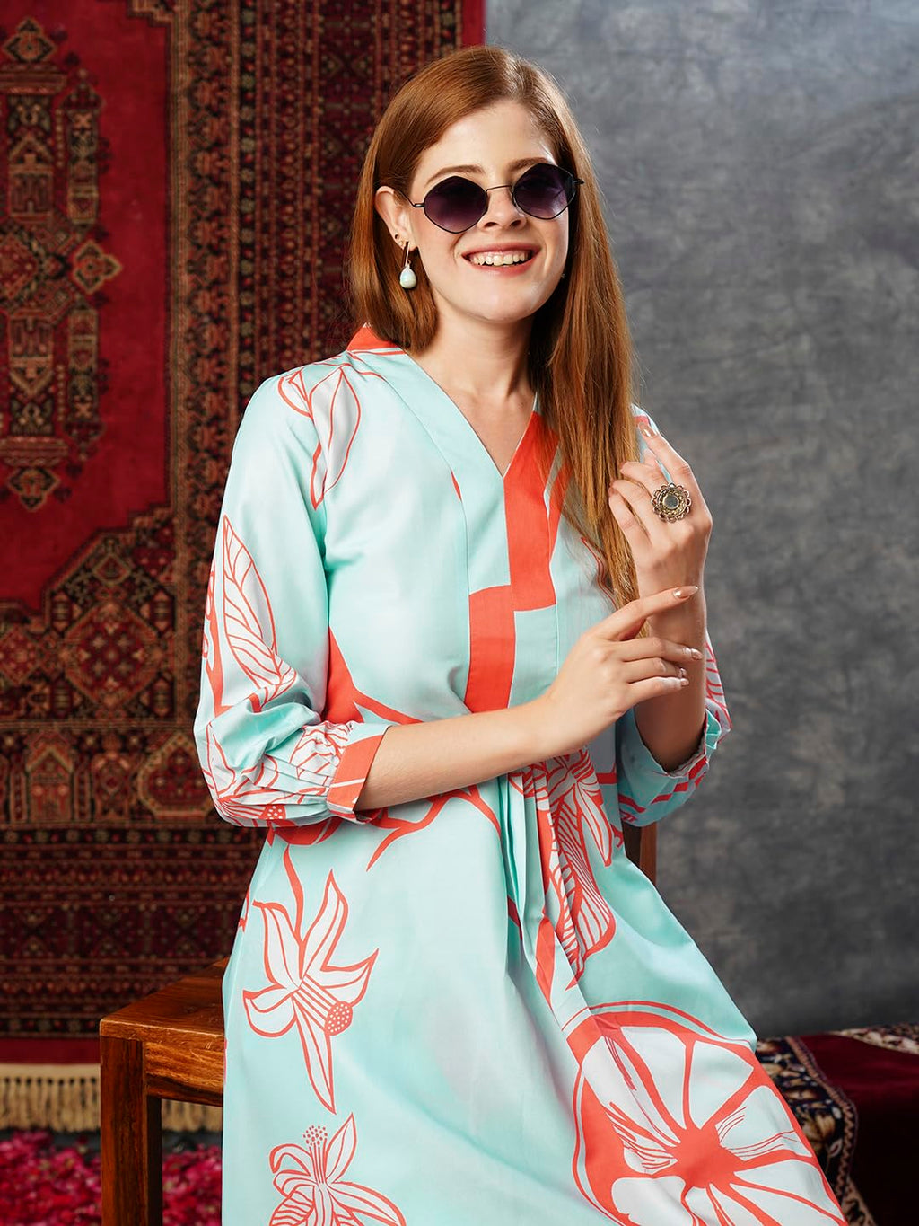 ANNI DESIGNER Ladies Cotton Blend Printed Kurta With Co-Ord Pants Set, Orange, XL
