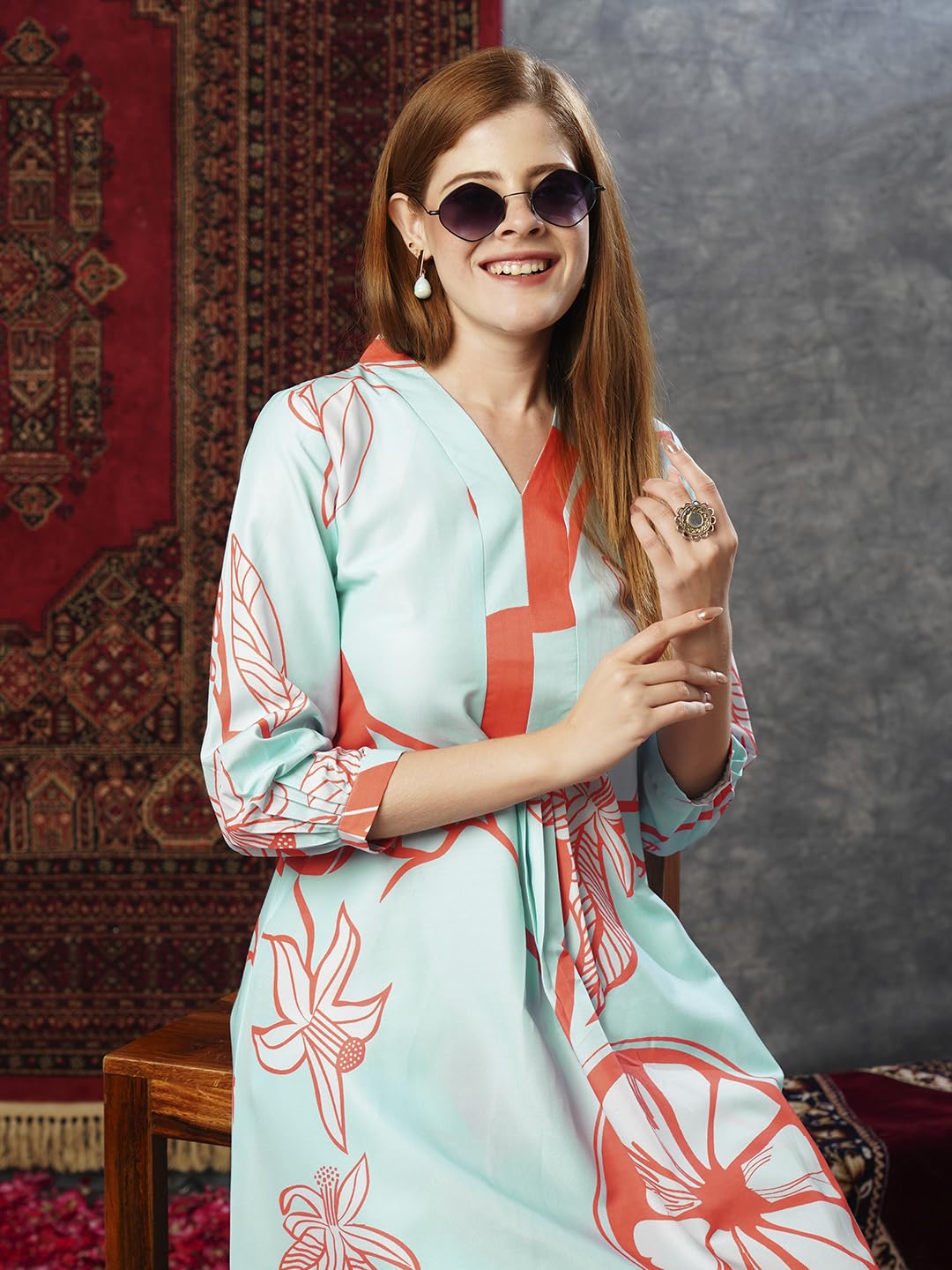 ANNI DESIGNER Ladies Cotton Blend Printed Kurta With Co-Ord Pants Set, Orange, XL