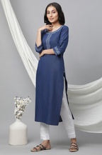Aurelia Womens Blue Stripes Yarn Dyed Yarn Dyed Lurex Straight Kurta_23AUA14423-704549_L
