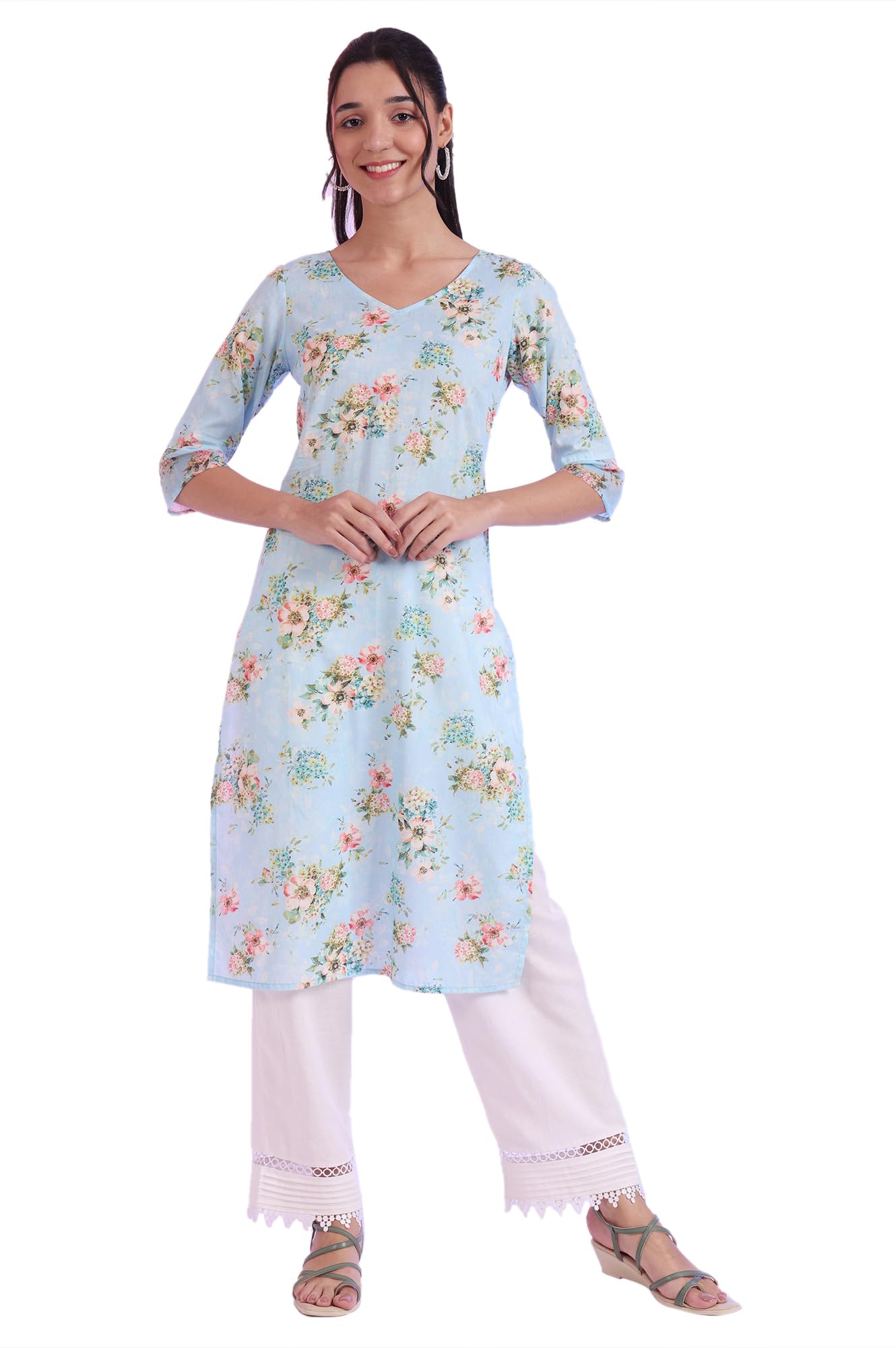 Aurelia Womens Blue Printed Pure Cotton Straight Kurta (Size: S)-A15565-508771