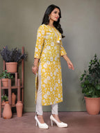 rangita Yellow Cotton Calf Length Embroidered Straight Kurti
