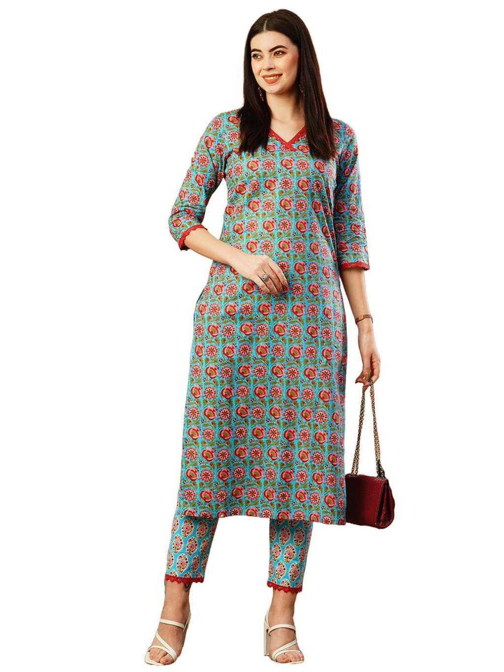 ANNI DESIGNER Womens Cotton Blend Straight Printed Kurta with Pant (Balajyoti Blue-NW_S_Blue_Small)