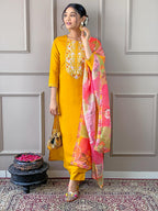 Naixa Womens Yellow Rayon Blend Embroidered Straight Kurta with Rayon Blend Pant and Organza Printed Dupatta Sets (NX-506-Yello