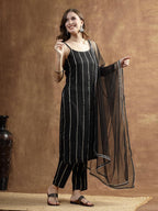 Stylum Women'S Embroidered & Embellished Rayon Straight Kurta Pant Dupatta Set (Kpdblackgota42_Black, Xl)