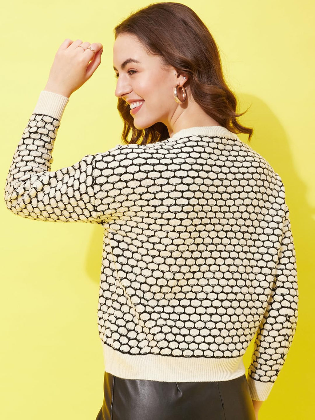 Modeve Self Design Round Neck Casual Women Crop Top Sweater||Winterwear|| White
