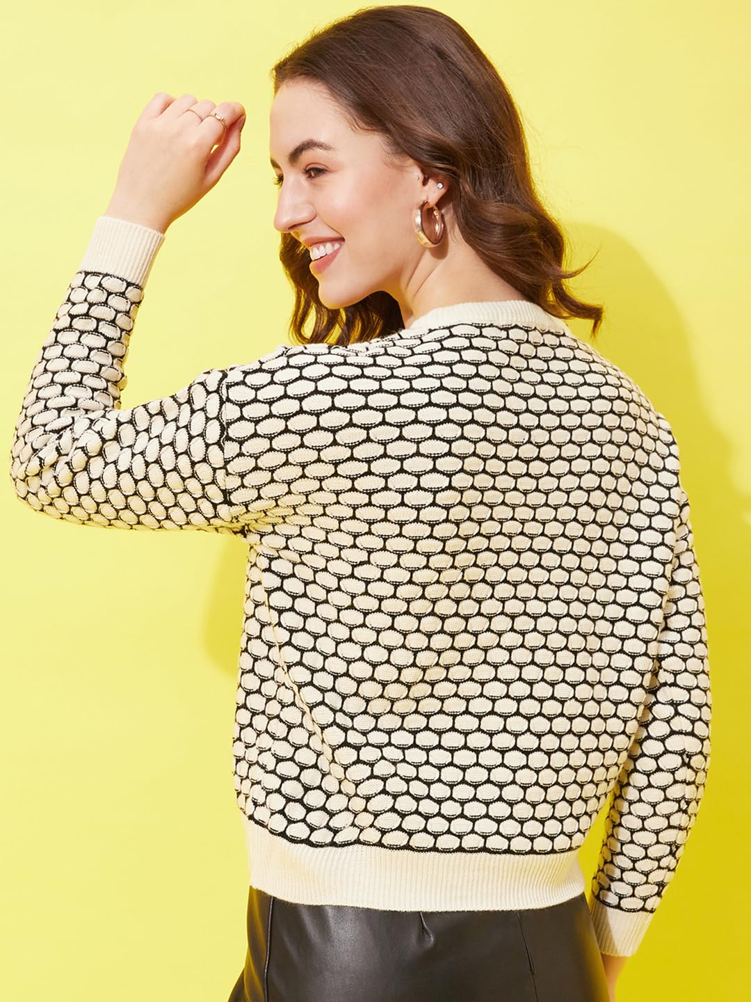 Modeve Self Design Round Neck Casual Women Crop Top Sweater||Winterwear|| White