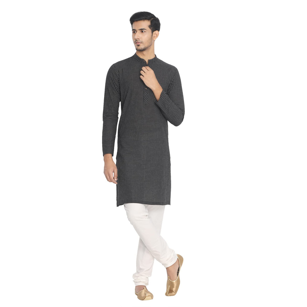 Manyavar Checkerd Full Sleeves Casual Wear Kurta For Men - (Black, X-Large)