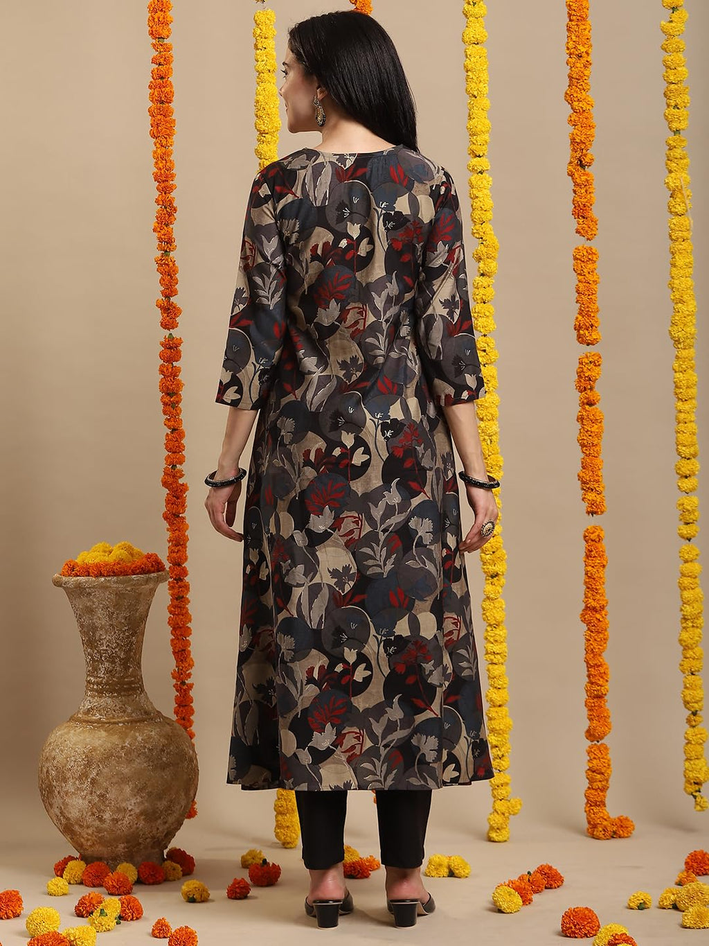 ANNI DESIGNER Womens Rayon Blend Straight Fit Anarkali Printed Kurta with Pant (Allgood Black_M_Black_Medium)