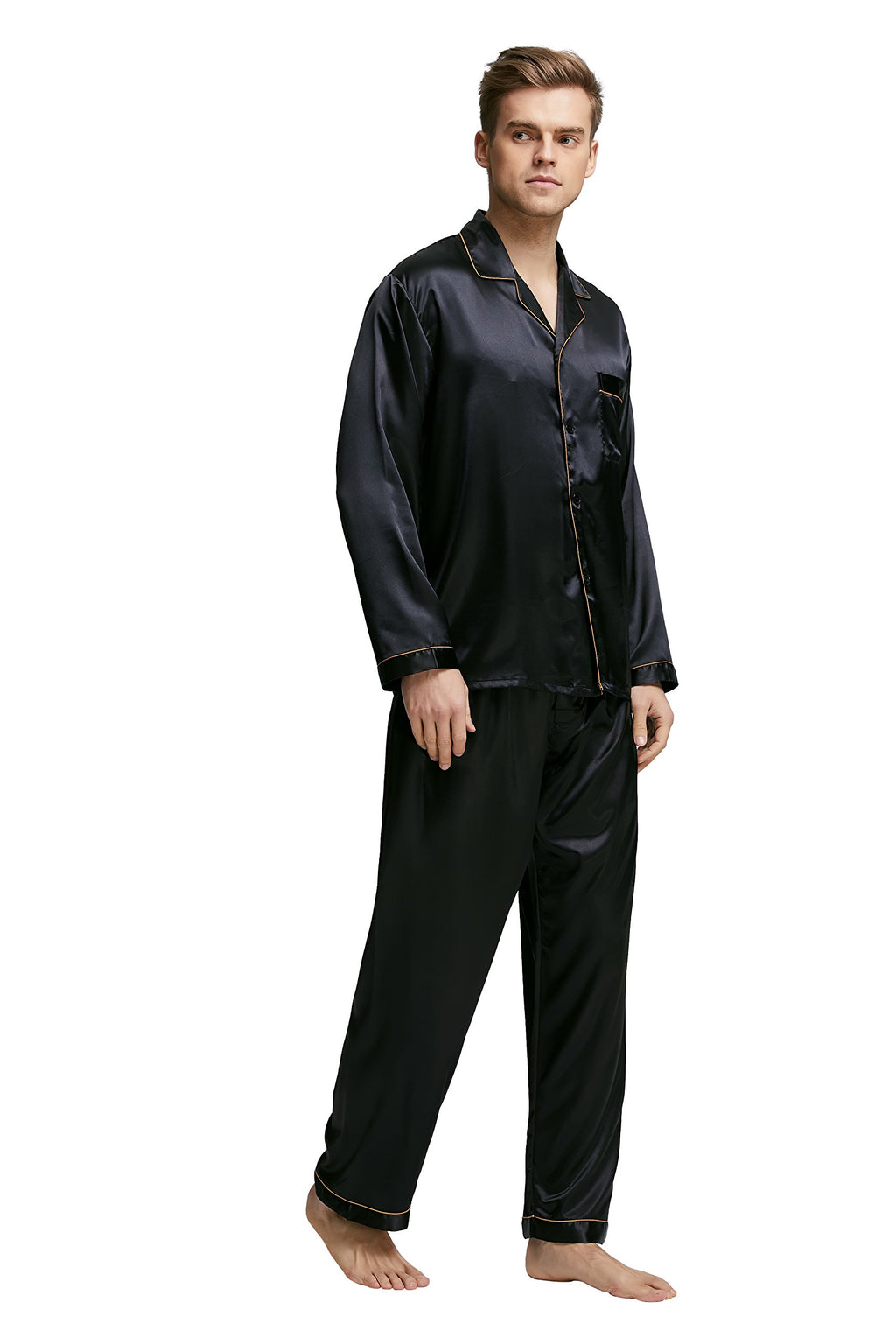 TONY & CANDICE Men's Classic Satin Pajama Set Sleepwear (X-Large, Black with Golden Piping)