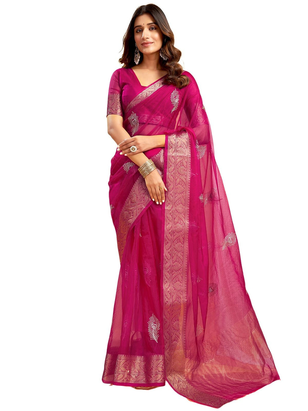 Satrani Womens Organza Sequins Embroidery Jacquard Saree with Unstitched Blouse Piece (4031S654N_Rani Pink)
