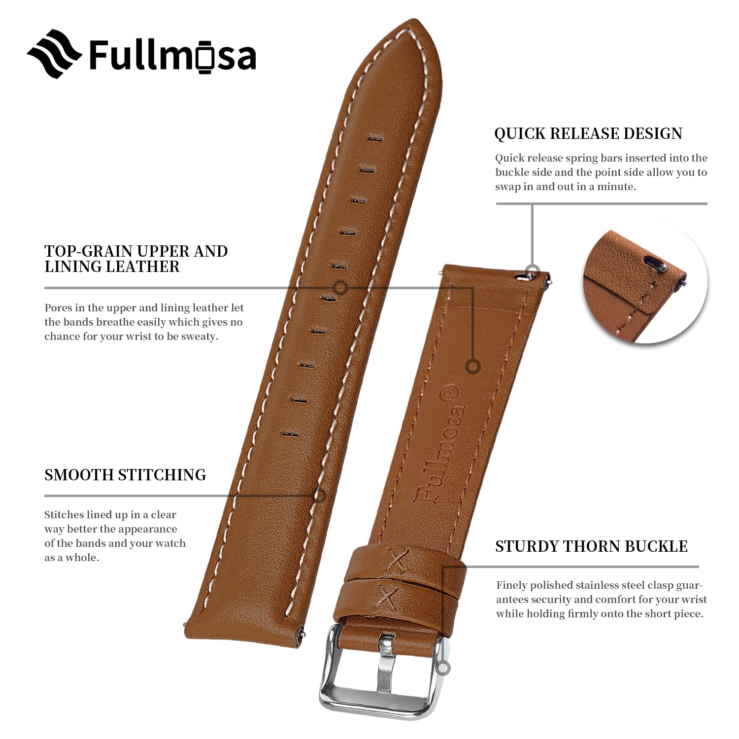 Fullmosa 18mm Leather Watch Bands Compatible with Garmin Vivoactive 4S/Vivomove 3S/Active S/Venu 2S/Move 3S, Huawei Watch 1st,Br