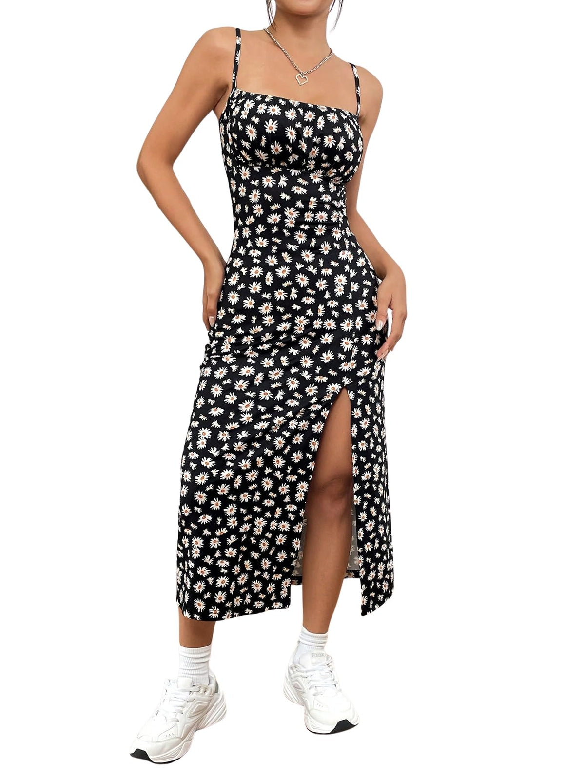 Aahwan Black Printed Knitted Cami Split Pastel Dresse For WomenS & GirlS(326BlackL)