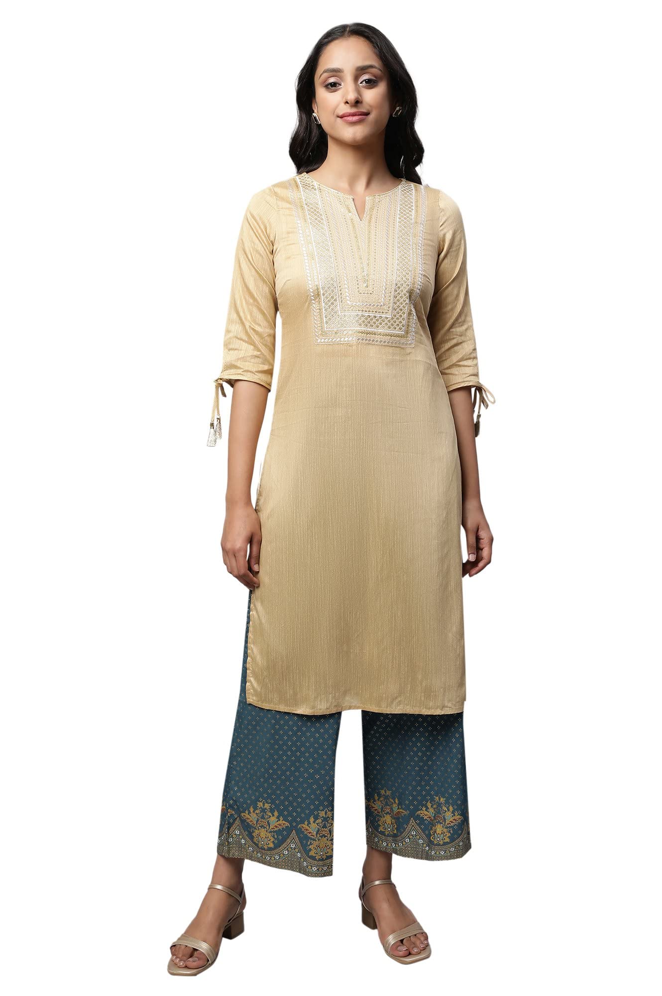 Aurelia Women Beige Viscose Blend Solid Yarn Dyed Kurta (23AUA14034-700915-S)