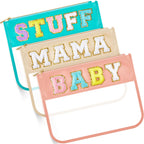 3 Pcs Chenille Letter Zipper Pouch for Travel Clear Snack Bags Waterproof Cosmetic Pouch Nylon Gym Beach Multipurpose Makeup Bag