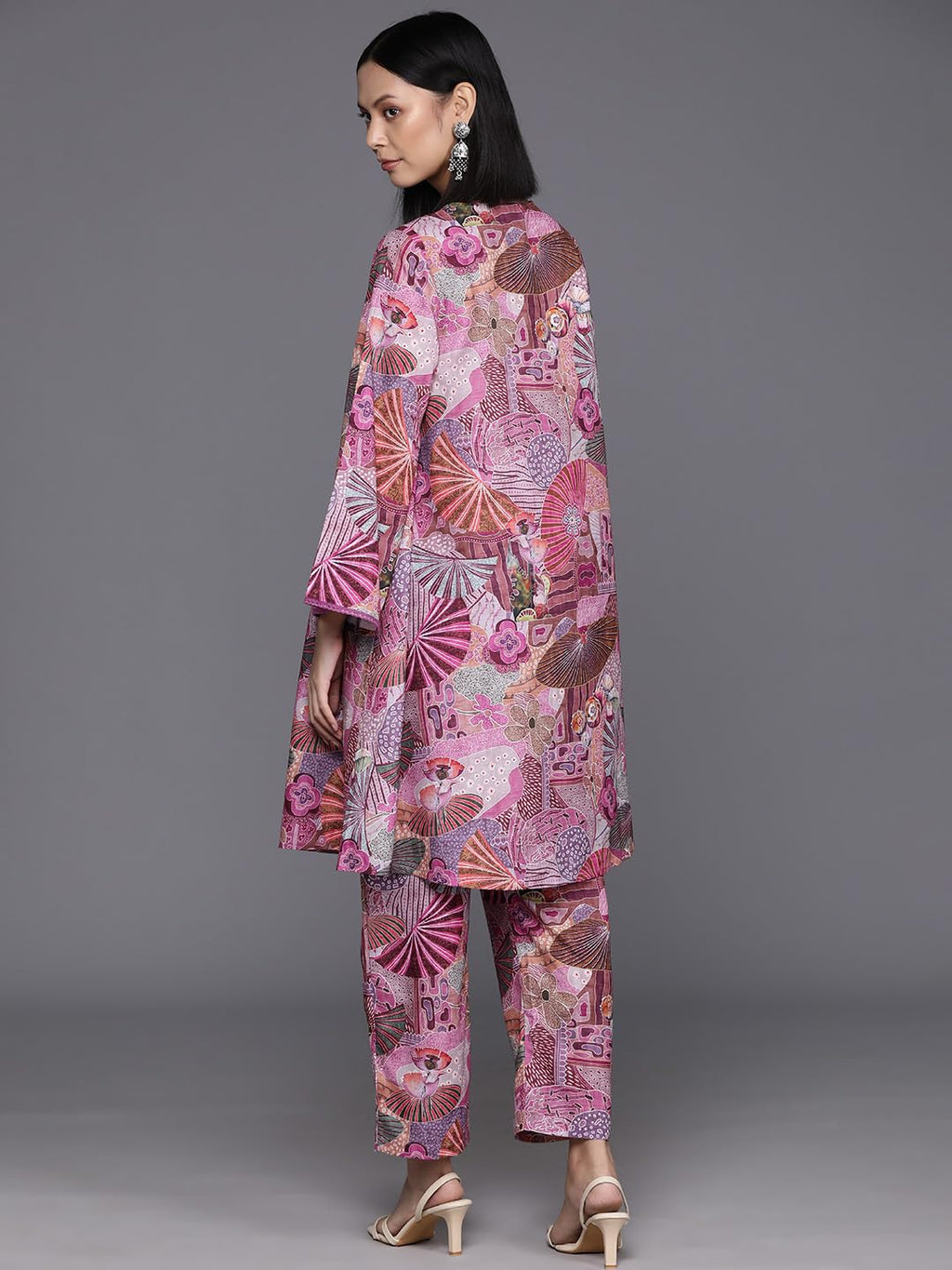 Varanga Women Purple Abstract Printed V-Neck A-Line Kurta Paired With Tonal Bottom