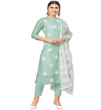 ANNI DESIGNER Women's Ruby Cotton Straight Embroidery Kurti with Pant & Dupatta Set (White-Show Light Green_XL Light Green_X-Lar