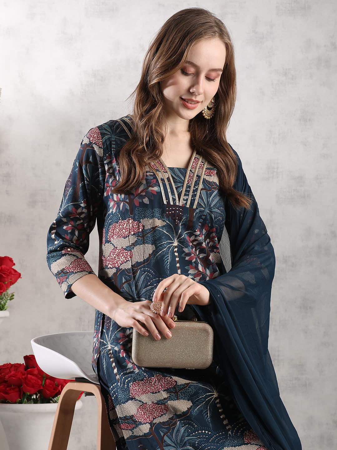 ANNI DESIGNER Women s Printed Rayon Blend Kurta with Pants and Dupatta, Blue, S
