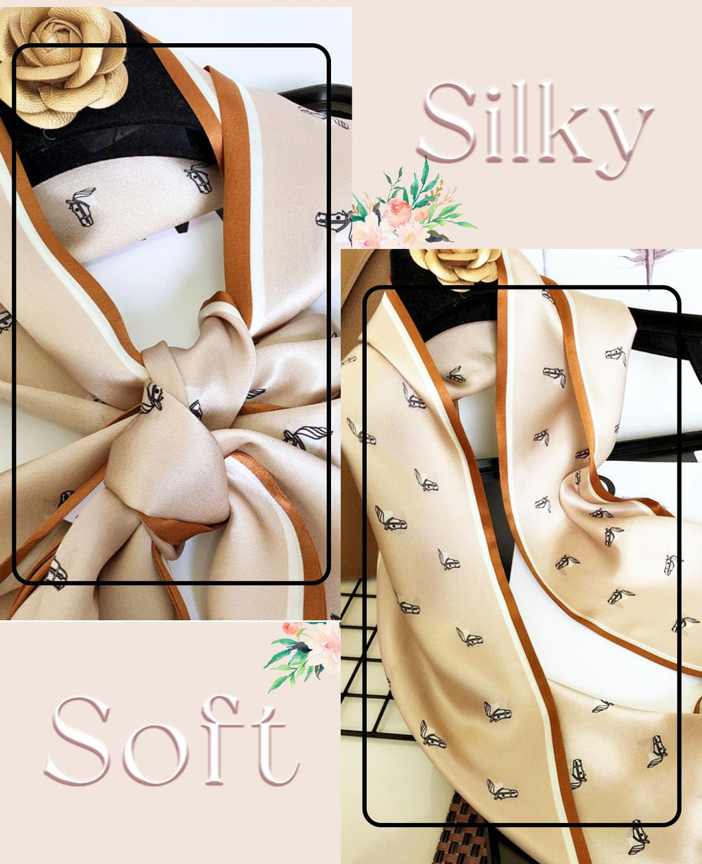 Clysoru Silk Neck Scarf Printed Scarves Head Women'S Fashion Oblique Angle Satin Scarfs For Bag Hair 59    X 5.9    (Khaki white
