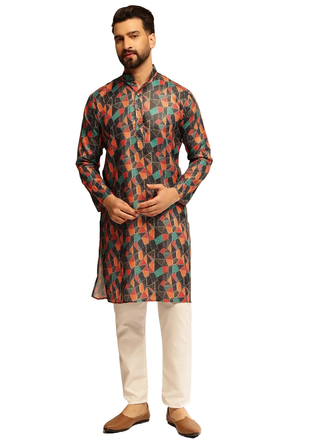 SOJANYA (Since 1958 Mens Cotton Linen Abstract Print Multicolor Kurta With White Pyjama