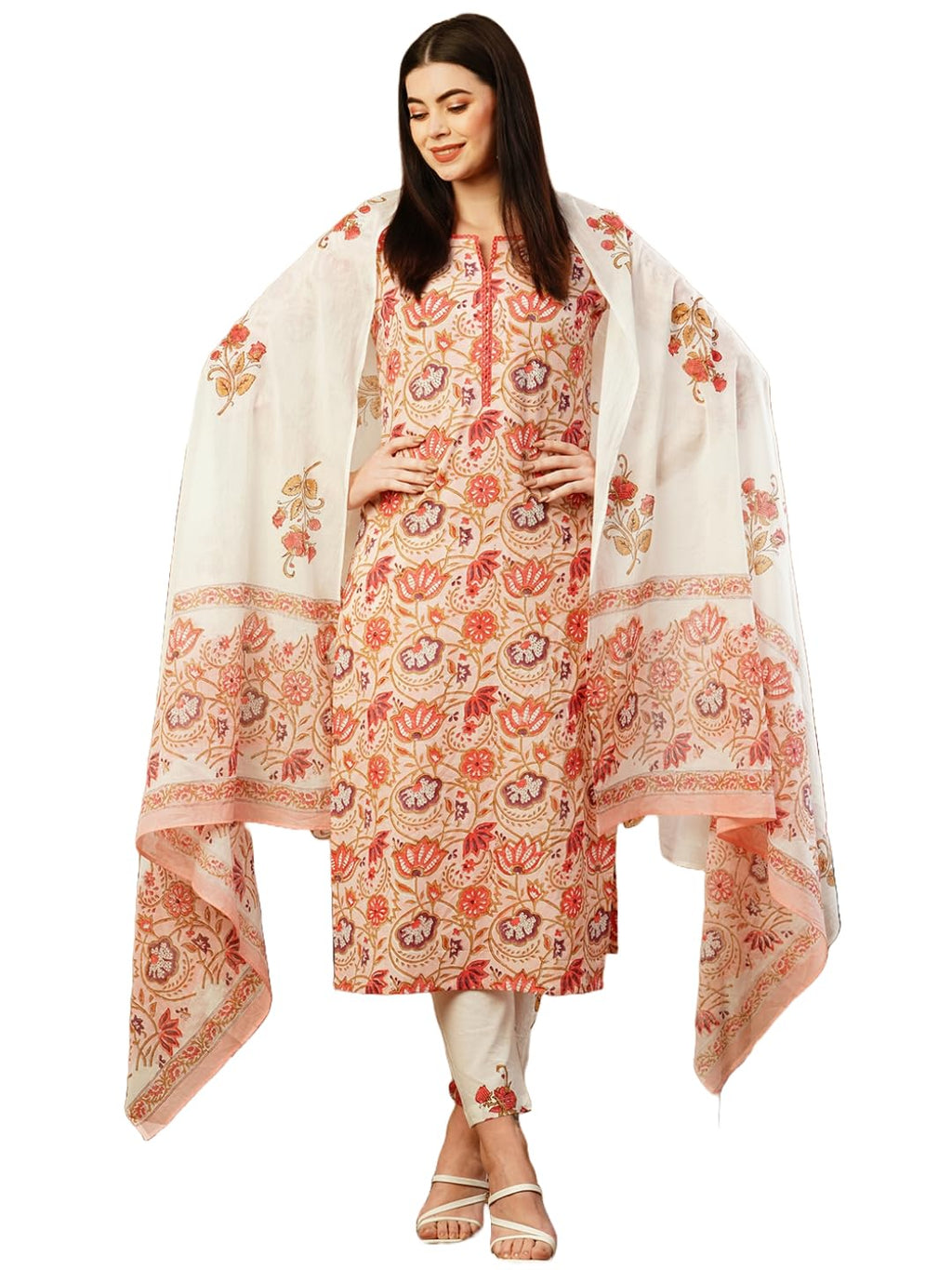 ANNI DESIGNER Womens Cotton Blend Straight Printed Kurta with Pant & Dupatta (Dhama Peach_S_Peach_Small)