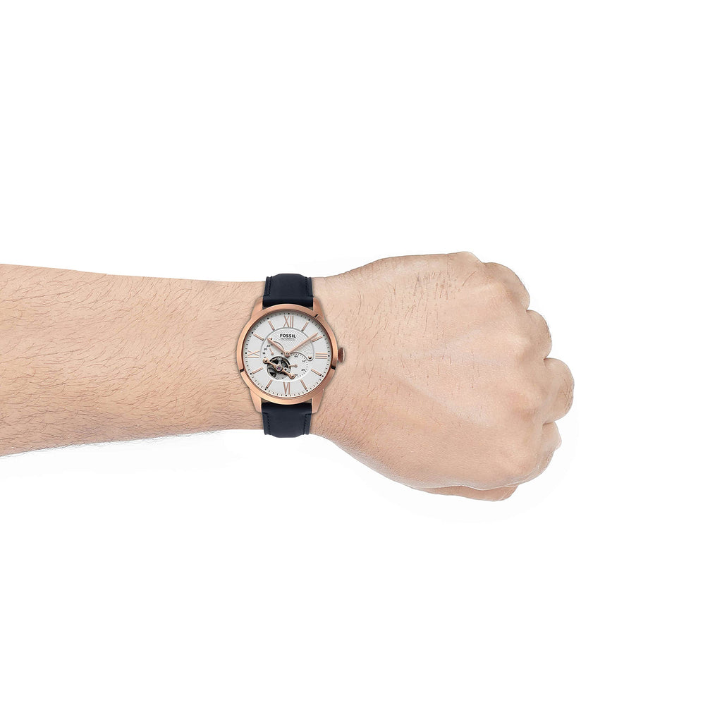 Fossil Men's Townsman Automatic Stainless Steel and Leather Two-Hand Skeleton Watch, Color: Rose Gold/Navy (Model: ME3171)