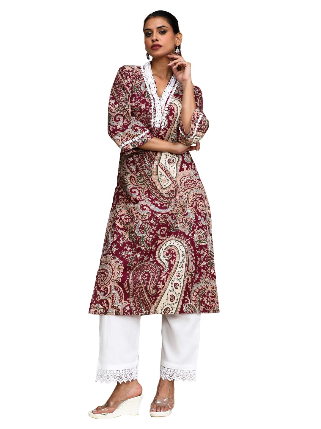 Varanga Women Paisley Printed Three Quarter Sleeve Kurta Brown