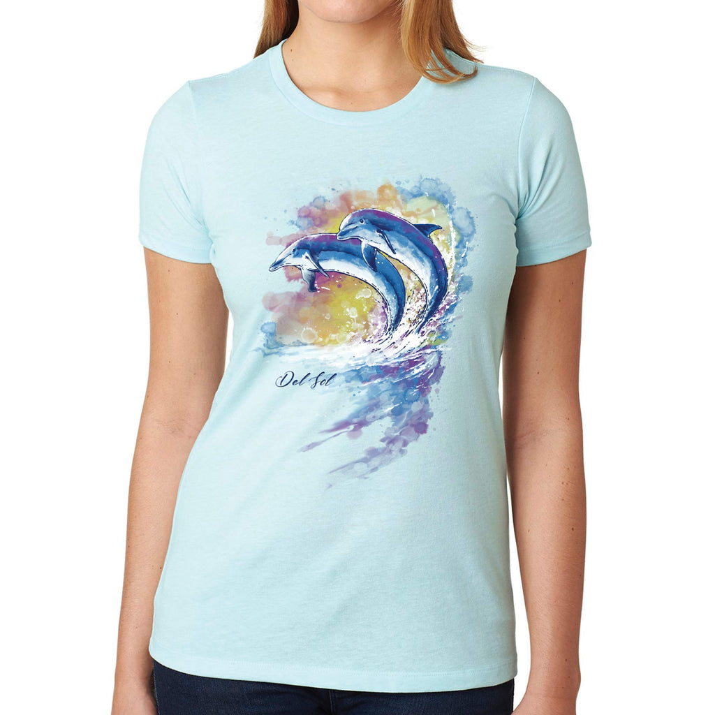 Junior Crew Tee - Watercolor Dolphins-Ice Blue by DelSol for Women - 1 Pc T-Shirt (Small)