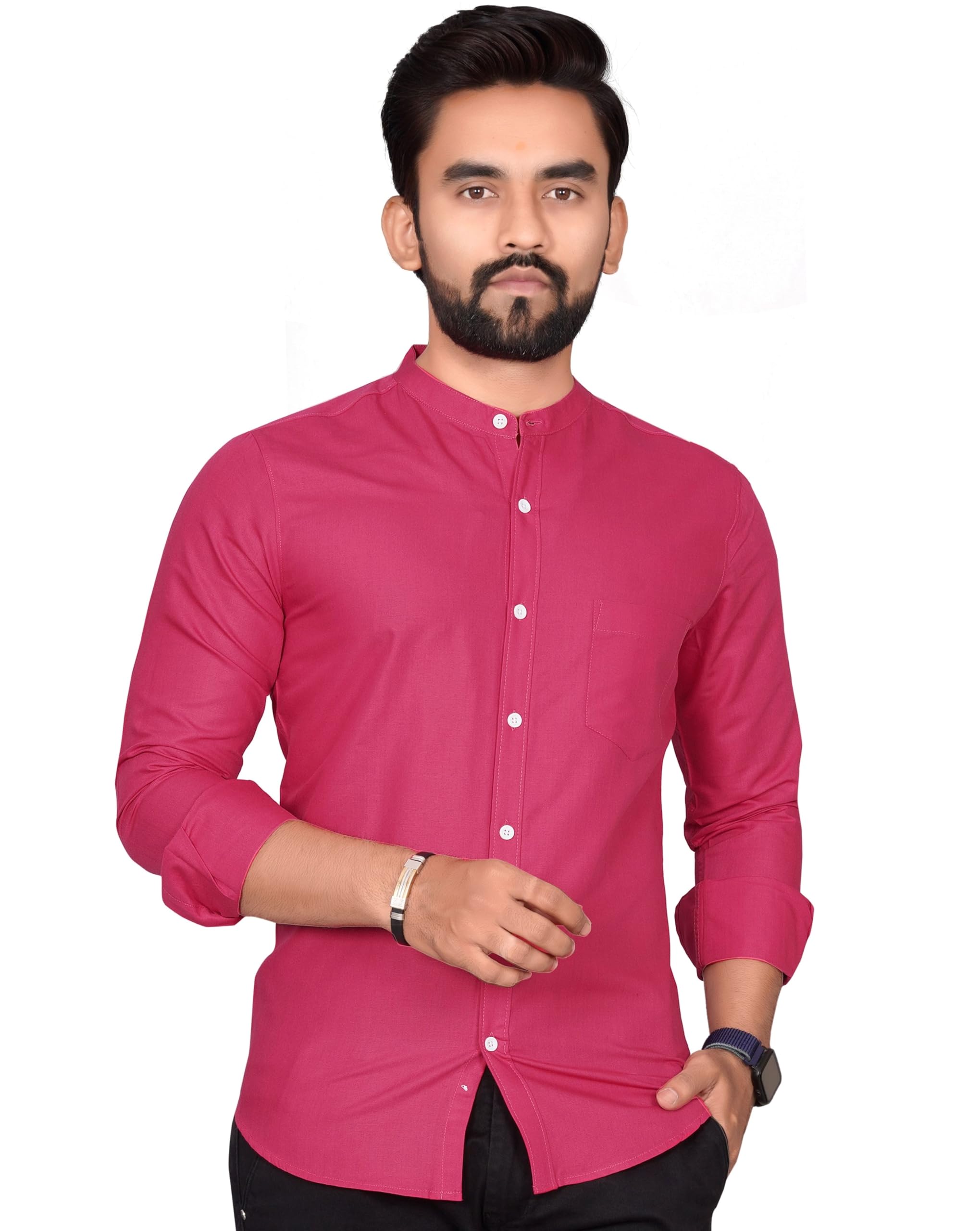Besix MenS Regular Fit Solid Cotton Shirt | Chinese Collar | Casual | Plain | Branded | Mandarin Collar | Full Sleeve | Summer 