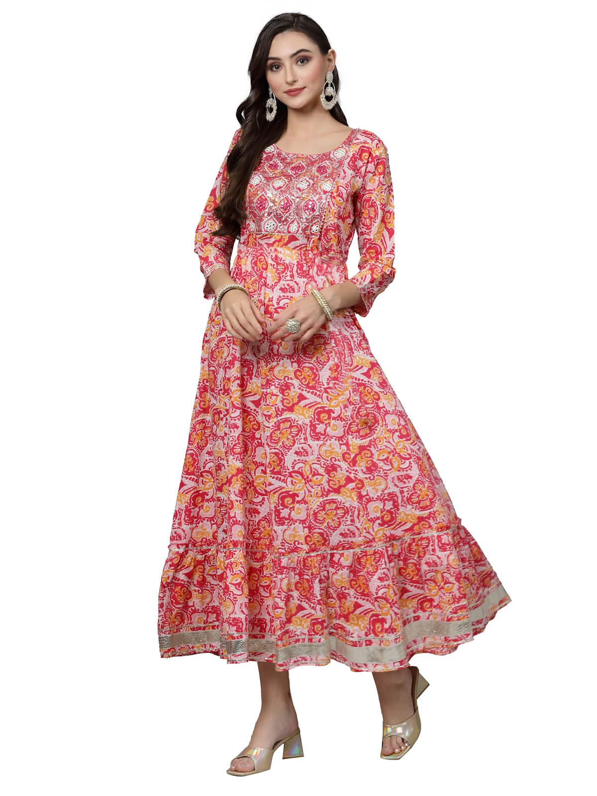 Stylum Women'S Printed & Embroidered Cotton Tiered Dress Kurta (Lisa40_Pink, L)