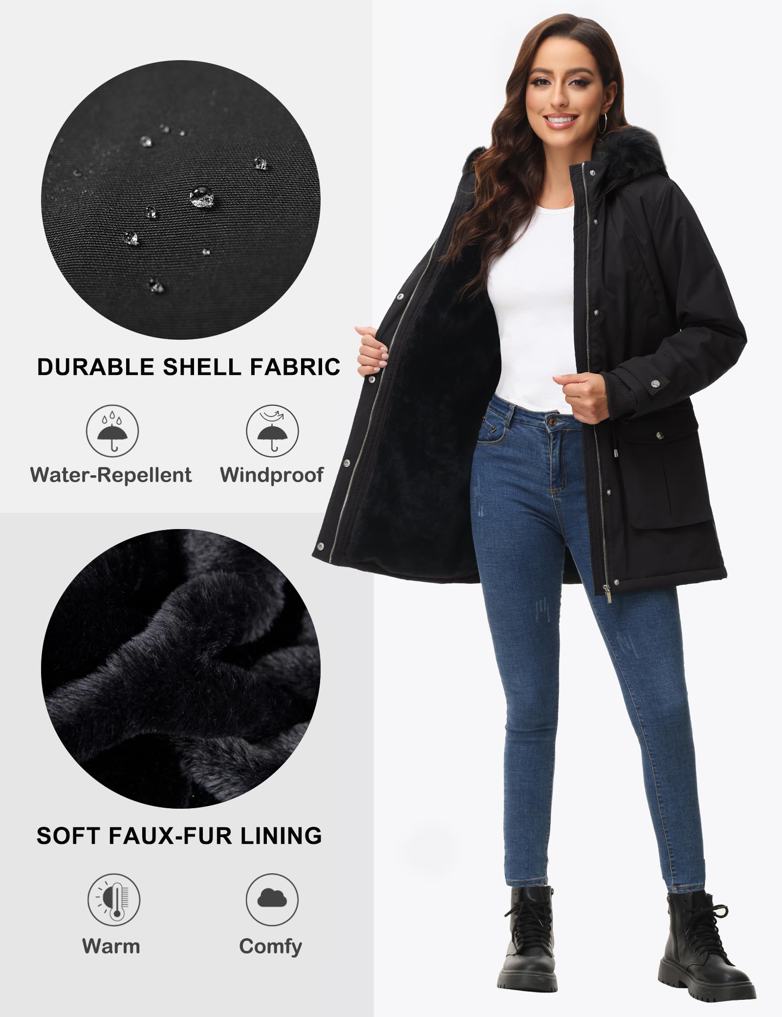 ROYAL MATRIX Women's Parka Coat Winter Warm Parka Jacket Fleece Lined Parka Coat Long Winter Coat with Hood (Black, Medium)