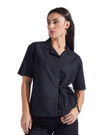 Miss Chase Womens Shirt Collar Short Sleeve Tie Up Solid Regular-Length Denim Shirt (MCAW25DEN61-36-FGB-06, Crow Black, XL)
