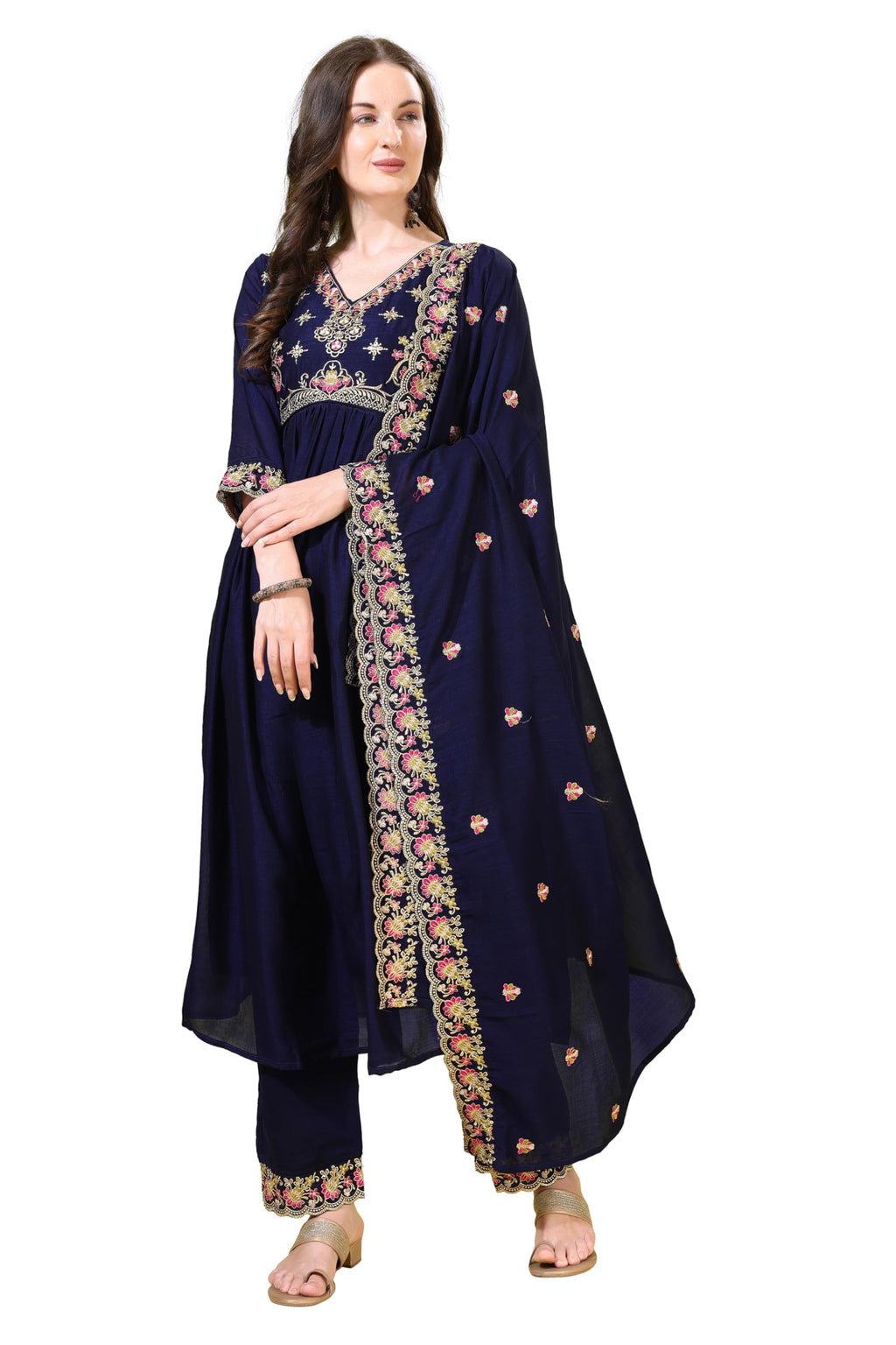 Pratham Blue WomenS Silk Embroidered Anarkali Kurta Palazzos With Dupatta |Kurta Set For Women |Women Kurta |Women Embroidered 