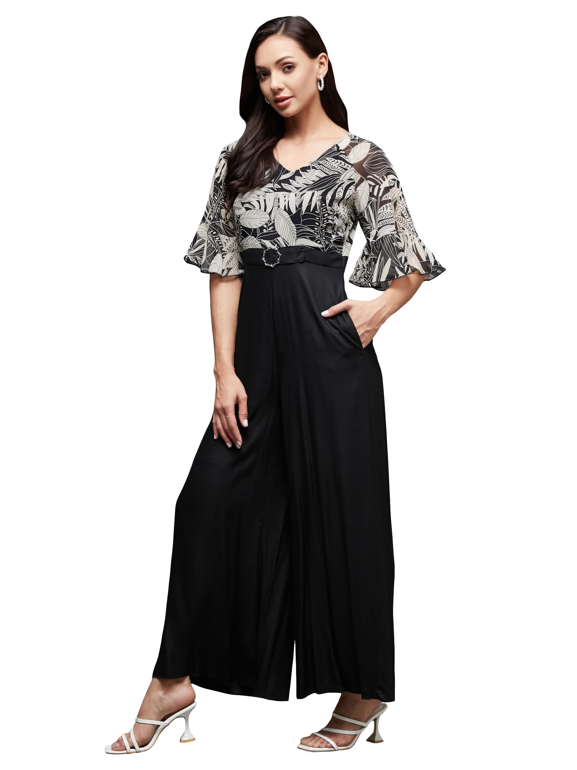 Miss Chase WomenS V- Neck Ruffled Sleeve Wide Leg Regular-Length Polyester Printed Jumpsuit (Mcss23D15-62-62-06, Black, Xl)