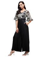 Miss Chase Womens V-Neck Raglan Sleeve Wide Leg Regular Jumpsuit,(MCSS23D15-62-171-06, Multicolored Base Black, XL)