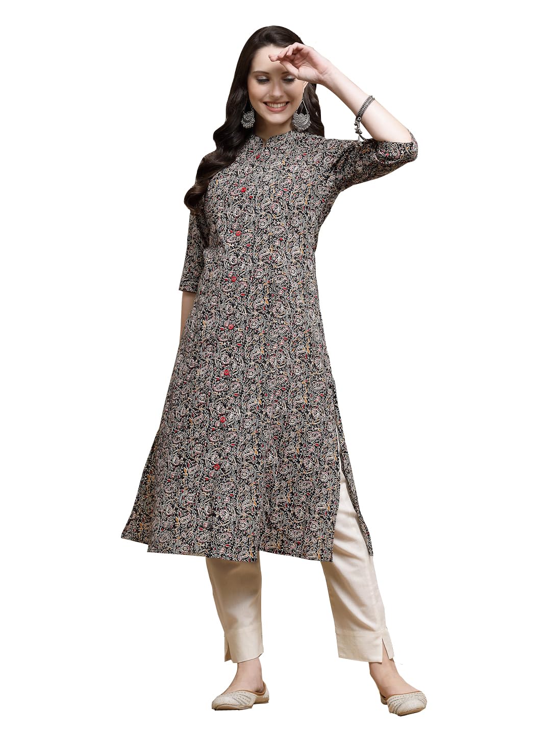 Stylum Womens Floral Printed Cotton A-Line Kurta (JUPITER40_Black, L)