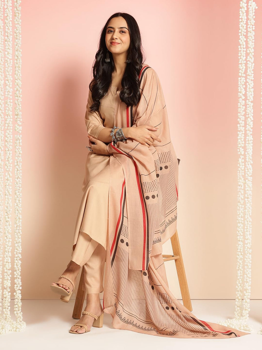 ANNI DESIGNER Women s Kurta with Trousers and Dupatta, beige, M