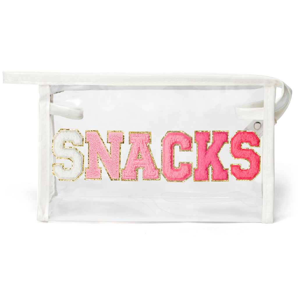 Y1tvei Large Clear SNACKS Pouch - Preppy Patch Rose Red Chenille Varsity Letter PVC Transparent Extra Large Cosmetic Makeup Bag 